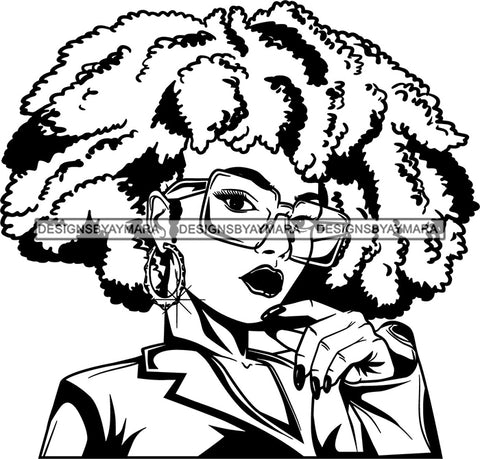 Black Goddess Lola Glamour Glasses Hoop Earrings Sexy Attractive Portrait Fashion Woman Afro Hair Style B/W SVG Cutting Files For Silhouette  Cricut !