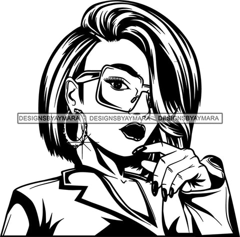Black Goddess Lola Glamour Glasses Hoop Earrings Sexy Attractive Portrait Fashion Woman Wavy Shoulder Length Hair Style B/W SVG Cutting Files For Silhouette  Cricut