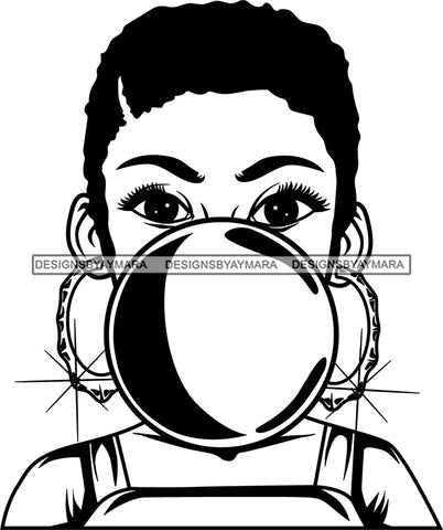 Black Lola Blowing Gum Hoop Earrings Portrait Woman Playful Casual Short Hair Style B/W SVG Cutting Files For Silhouette  Cricut