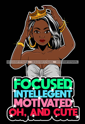 Afro Lola Queen Hustle Focus Intelligent Motivated Lady Holding Crown Life Quotes Straight Hair Style SVG Cutting Files For Silhouette Cricut