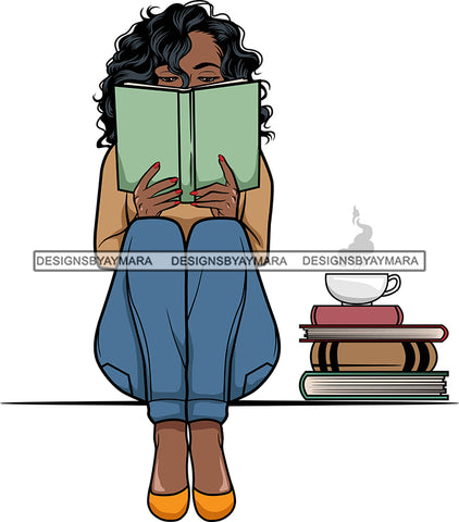 Afro Lola Reading A Book Education Smart Woman Drinking Coffee .SVG Cutting Files For Silhouette Cricut and More!