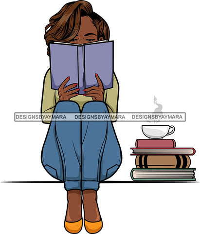 Afro Lola Reading A Book Education Smart Woman Drinking Coffee .SVG Cutting Files For Silhouette Cricut and More!