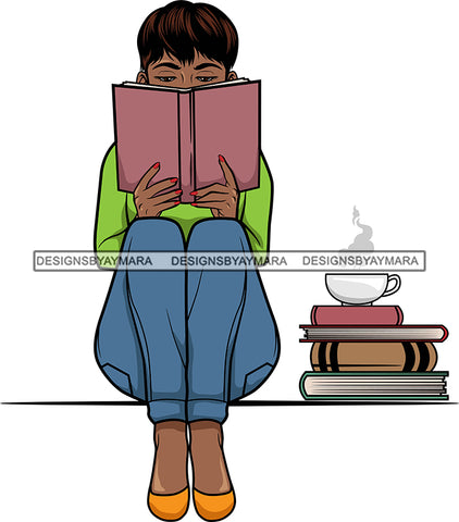 Afro Lola Reading A Book Education Smart Woman Drinking Coffee .SVG Cutting Files For Silhouette Cricut and More!