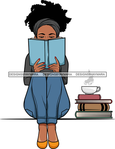 Afro Lola Reading A Book Education Smart Woman Drinking Coffee .SVG Cutting Files For Silhouette Cricut and More!