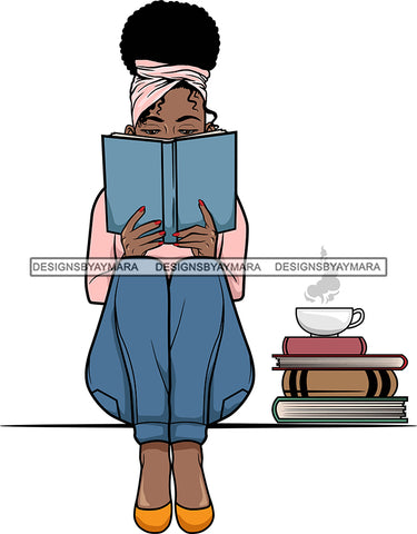 Afro Lola Reading A Book Education Smart Woman Drinking Coffee .SVG Cutting Files For Silhouette Cricut and More!