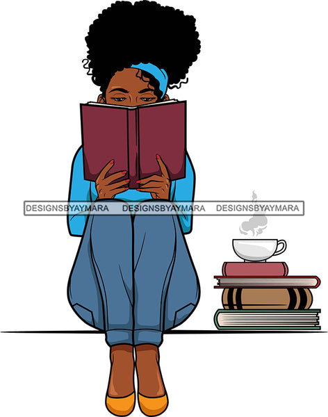 Afro Lola Reading A Book Education Smart Woman Drinking Coffee .SVG Cutting Files For Silhouette Cricut and More!