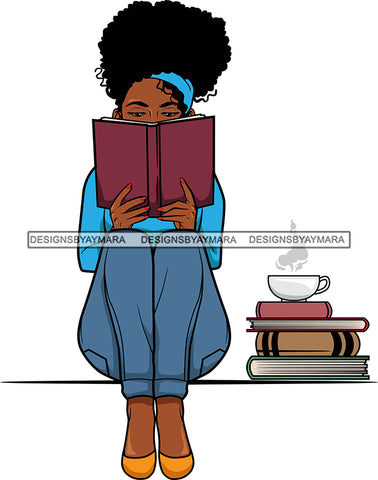 Afro Lola Reading A Book Education Smart Woman Drinking Coffee .SVG Cutting Files For Silhouette Cricut and More!