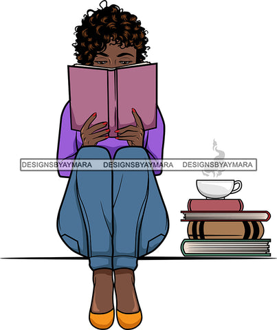 Afro Lola Reading A Book Education Smart Woman Drinking Coffee .SVG Cutting Files For Silhouette Cricut and More!