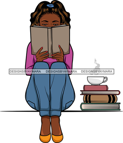 Afro Lola Reading A Book Education Smart Woman Drinking Coffee .SVG Cutting Files For Silhouette Cricut and More!