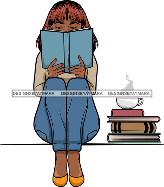 Afro Lola Reading A Book Education Smart Woman Drinking Coffee .SVG Cutting Files For Silhouette Cricut and More!
