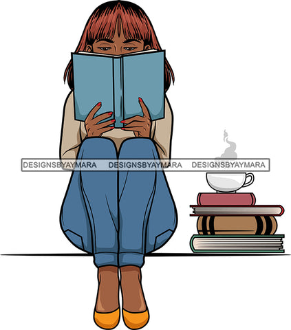 Afro Lola Reading A Book Education Smart Woman Drinking Coffee .SVG Cutting Files For Silhouette Cricut and More!