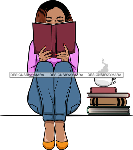 Afro Lola Reading A Book Education Smart Woman Drinking Coffee .SVG Cutting Files For Silhouette Cricut and More!