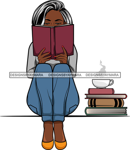 Afro Lola Reading A Book Education Smart Woman Drinking Coffee .SVG Cutting Files For Silhouette Cricut and More!