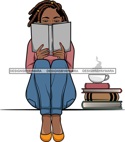 Afro Lola Reading A Book Education Smart Woman Drinking Coffee .SVG Cutting Files For Silhouette Cricut and More!