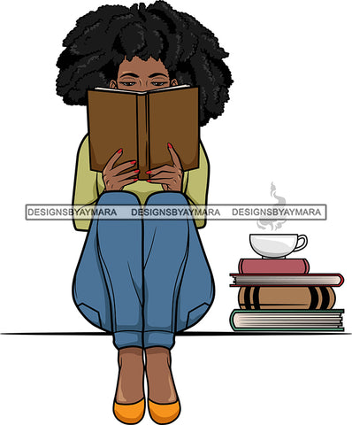 Afro Lola Reading A Book Education Smart Woman Drinking Coffee .SVG Cutting Files For Silhouette Cricut and More!