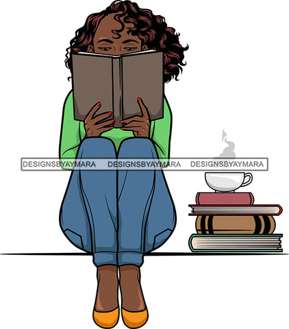 Afro Lola Reading A Book Education Smart Woman Drinking Coffee .SVG Cutting Files For Silhouette Cricut and More!