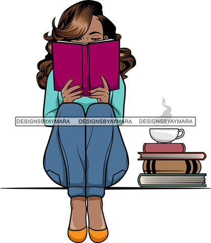 Afro Lola Reading A Book Education Smart Woman Drinking Coffee .SVG Cutting Files For Silhouette Cricut and More!