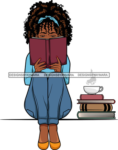 Afro Lola Reading A Book Education Smart Woman Drinking Coffee .SVG Cutting Files For Silhouette Cricut and More!