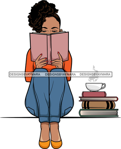 Afro Lola Reading A Book Education Smart Woman Drinking Coffee .SVG Cutting Files For Silhouette Cricut and More!