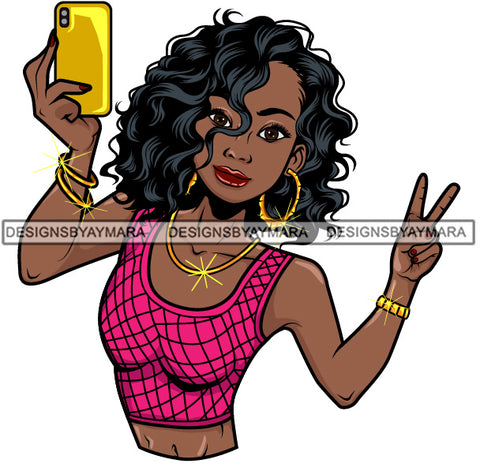 Afro Lola Taking A Selfie Peace Sign Beautiful Black Woman SVG Cutting Files For Silhouette Cricut and More