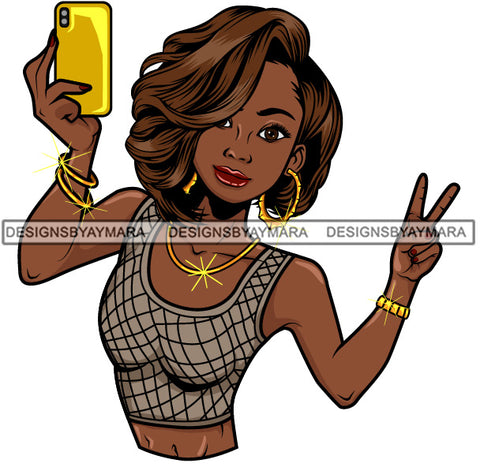 Afro Lola Taking A Selfie Peace Sign Beautiful Black Woman SVG Cutting Files For Silhouette Cricut and More