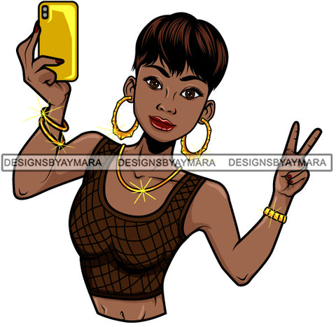 Afro Lola Taking A Selfie Peace Sign Beautiful Black Woman SVG Cutting Files For Silhouette Cricut and More