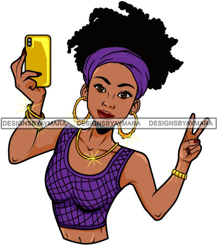 Afro Lola Taking A Selfie Peace Sign Beautiful Black Woman SVG Cutting Files For Silhouette Cricut and More