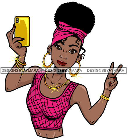 Afro Lola Taking A Selfie Peace Sign Beautiful Black Woman SVG Cutting Files For Silhouette Cricut and More
