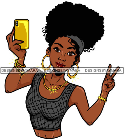 Afro Lola Taking A Selfie Peace Sign Beautiful Black Woman SVG Cutting Files For Silhouette Cricut and More