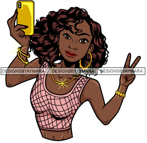 Afro Lola Taking A Selfie Peace Sign Beautiful Black Woman SVG Cutting Files For Silhouette Cricut and More