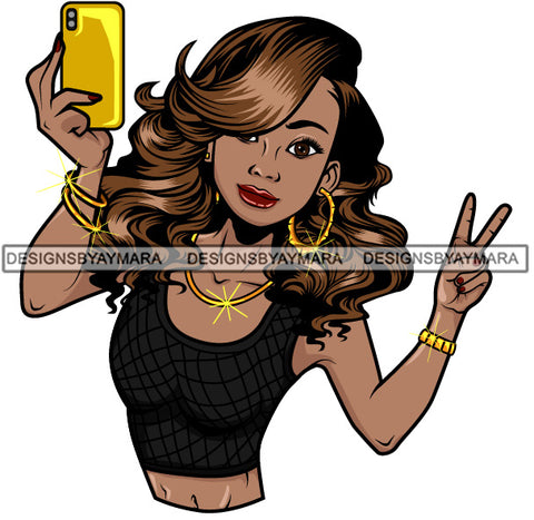 Afro Lola Taking A Selfie Peace Sign Beautiful Black Woman SVG Cutting Files For Silhouette Cricut and More