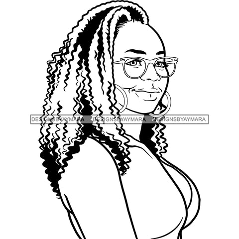 Afro Woman Mature Portrait Side View Nubian Classy Flawless Glasses Curly Hairstyle B/W SVG JPG PNG Designs Cricut Silhouette Cut Cuttings