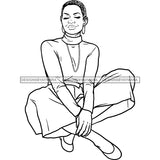 Afro Woman Mature Sitting Down Nubian Classy Flawless Short Hairstyle B/W SVG JPG PNG Designs Cricut Silhouette Cut Cuttings