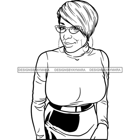 Afro Woman Mature Portrait Nubian Classy Flawless Glasses Short Asymmetrical Hairstyle B/W SVG JPG PNG Designs Cricut Silhouette Cut Cuttings