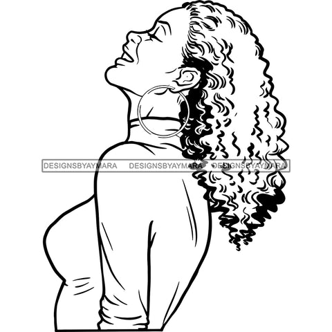 Afro Woman Mature Portrait Side View Nubian Classy Flawless Hoop Earrings Curly Hairstyle B/W SVG JPG PNG Designs Cricut Silhouette Cut Cuttings