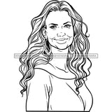 Smiling Black Woman Off Shoulder Shirt Earrings Jewelry Curly Wavy Hair Seniors Grandma Older Lady Classy Mature Elderly Girl Magic Melanin Nubian African American Lady SVG JPG PNG Vector Clipart Cricut Silhouette Cut Cutting Black And White