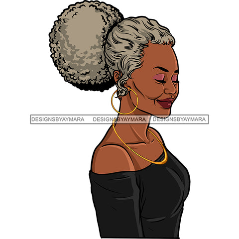 Afro Woman Mature Portrait Side View Nubian Classy Flawless Hoop Earrings Grey Puffy Up Do Hairstyle SVG JPG PNG Designs Cricut Silhouette Cut Cuttings