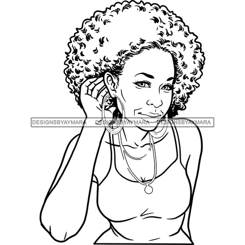 Afro Woman Mature Portrait Nubian Classy Flawless Hoop Earrings Necklace Black Magic Afro Hairstyle B/W SVG JPG PNG Designs Cricut Silhouette Cut Cuttings