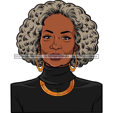 Afro Woman Mature Portrait Nubian Classy Flawless Gold Hoop Earrings Necklace Grey Afro Hairstyle SVG JPG PNG Designs Cricut Silhouette Cut Cuttings