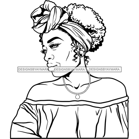 Afro Woman Mature Portrait Side View Nubian Classy Flawless Headwrap Puffy Up Do Hairstyle B/W SVG JPG PNG Designs Cricut Silhouette Cut Cuttings