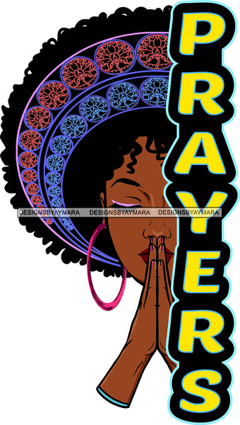 Prayers Black Woman Face Pink Earrings Lipstick Makeup Curly Hairs Praying Hands Closed Eyes Classy Mature Girl Magic Melanin Nubian African American Lady SVG JPG PNG Vector Clipart Cricut Silhouette Cut Cutting