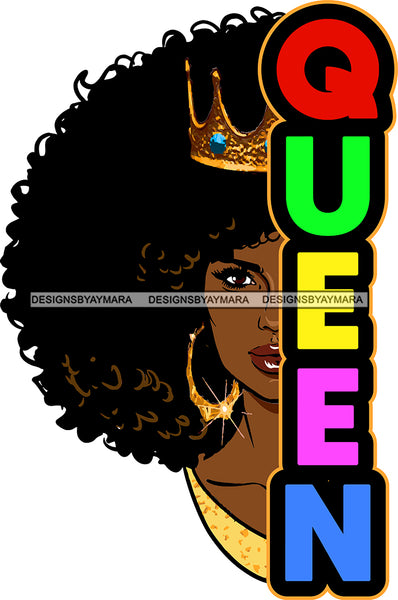 Queen Black Hot Woman Face Golden Gold Shining Earrings Diamond Crown Lipstick Makeup Curly Long Hairs Hair Classy Mature Girl Magic Melanin Nubian African American Lady SVG JPG PNG Vector Clipart Cricut Silhouette Cut Cutting