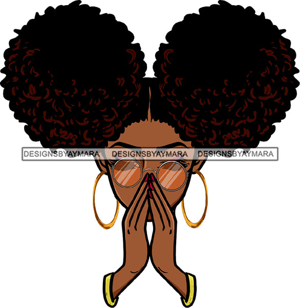 Black Woman Praying Face Golden Gold Earrings Sunglasses Glasses Pray Hands Curly Hairs Hair Classy Mature Girl Magic Melanin Nubian African American Lady SVG JPG PNG Vector Clipart Cricut Silhouette Cut Cutting