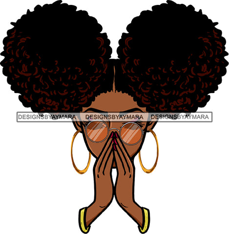 Black Woman Praying Face Golden Gold Earrings Sunglasses Glasses Pray Hands Curly Hairs Hair Classy Mature Girl Magic Melanin Nubian African American Lady SVG JPG PNG Vector Clipart Cricut Silhouette Cut Cutting