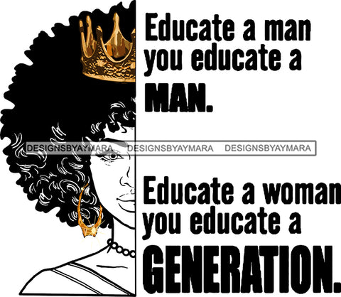 Afro Black Woman Half Face Transparent Queen Gold Crown Life Quotes Hoop Earrings Afro Hairstyle SVG JPG PNG Cutting Files For Silhouette Cricut More