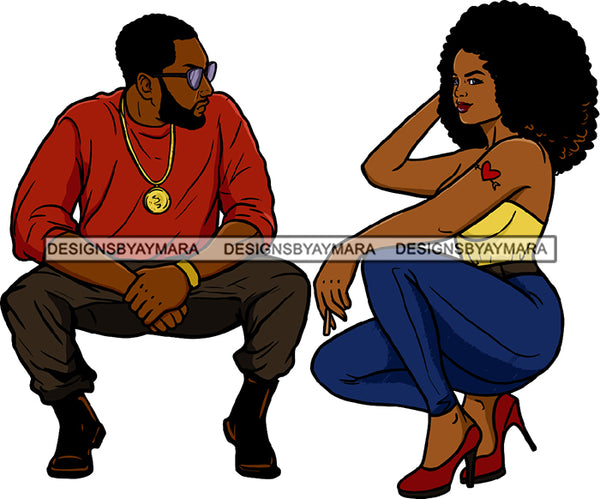 Black Couple Love Partners Beard Mustache Man Woman Lipstick Heart Tattoo Sunglasses Pant Shirt High Heel Shoes Stylish Curly Hairs Hair Classy Mature Girl Magic Melanin Nubian African American Lady SVG JPG PNG Vector Clipart Cricut Silhouette Cut Cutting