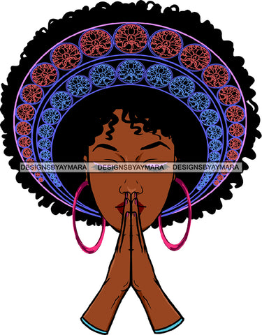 Praying Black Woman Face Pink Earrings Lipstick Makeup Curly Hairs Praying Hands Closed Eyes Classy Mature Girl Magic Melanin Nubian African American Lady SVG JPG PNG Vector Clipart Cricut Silhouette Cut Cutting