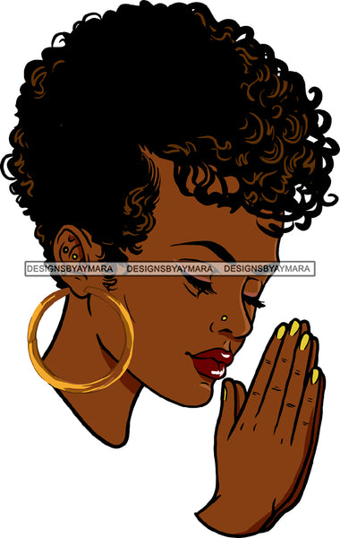 Praying Black Woman Face Gold Earrings Nose Pin Lipstick Makeup Curly Short Hairs Hair Boy Cut Praying Hands Closed Eyes Classy Mature Girl Magic Melanin Nubian African American Lady SVG JPG PNG Vector Clipart Cricut Silhouette Cut Cutting