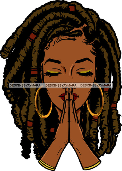 Praying Black Woman Face Gold Earrings Lipstick Makeup Dreadlocks Locs Dreads Hairs Hair Praying Hands Closed Eyes Classy Mature Girl Magic Melanin Nubian African American Lady SVG JPG PNG Vector Clipart Cricut Silhouette Cut Cutting