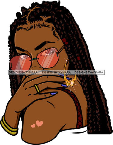 Black Woman Face Side View Gold Shining Earrings Sunglasses Glasses Lipstick Makeup Dreadlocks Locs Dreads Hairs Hair Classy Mature Girl Magic Melanin Nubian African American Lady SVG JPG PNG Vector Clipart Cricut Silhouette Cut Cutting